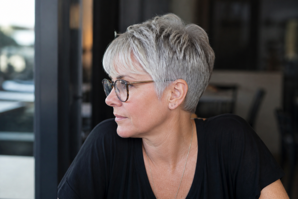 Coupe courte argentee eclat moderne avec lunettes
